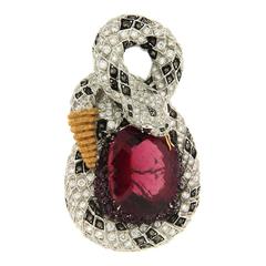 Curving Snake Rubelite Brooch with white and cognac diamonds 12