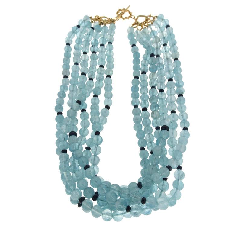 Multi Strands Aquamarine and Sapphire Necklace For Sale at 1stdibs