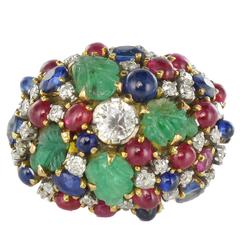 1960s French Ruby Sapphire Engraved Emerald Diamond Gold Ring 8