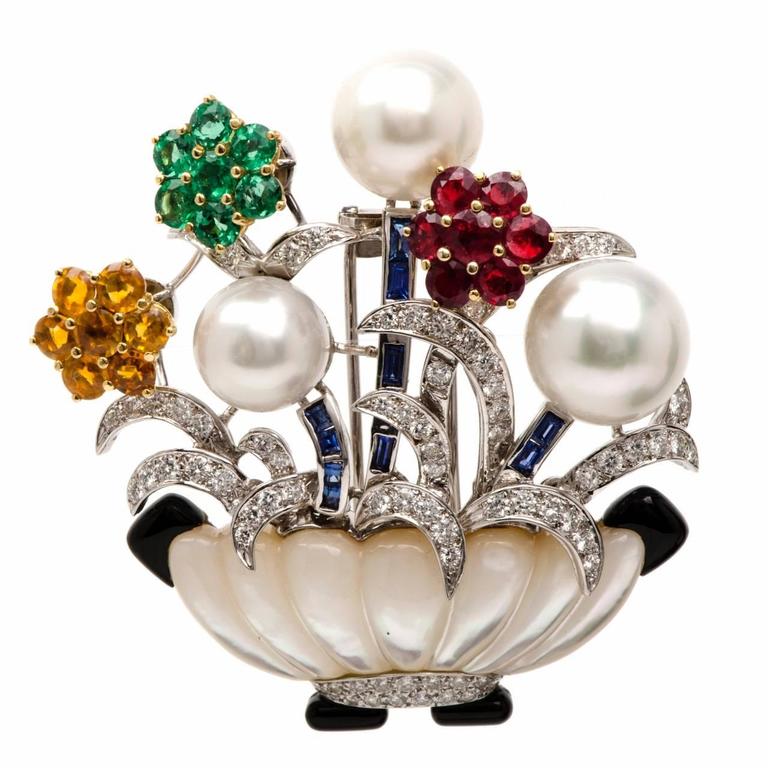 MultiGem Gold Flower Basket Lapel Brooch Pin For Sale at 1stdibs
