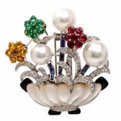 Multi-Gem Gold Flower Basket Lapel Brooch Pin 4