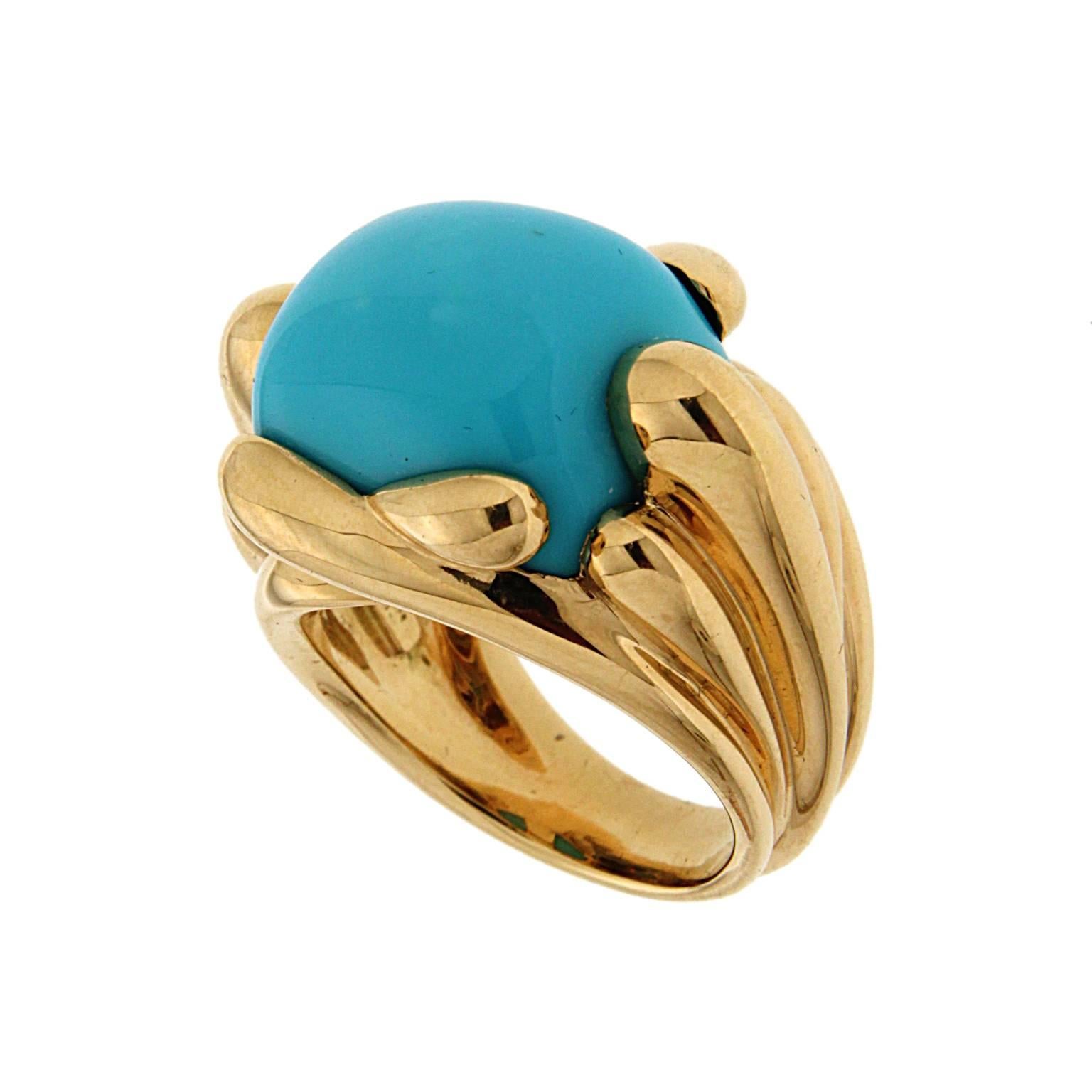 Turquoise Gold Fluted Criss Cross Ring