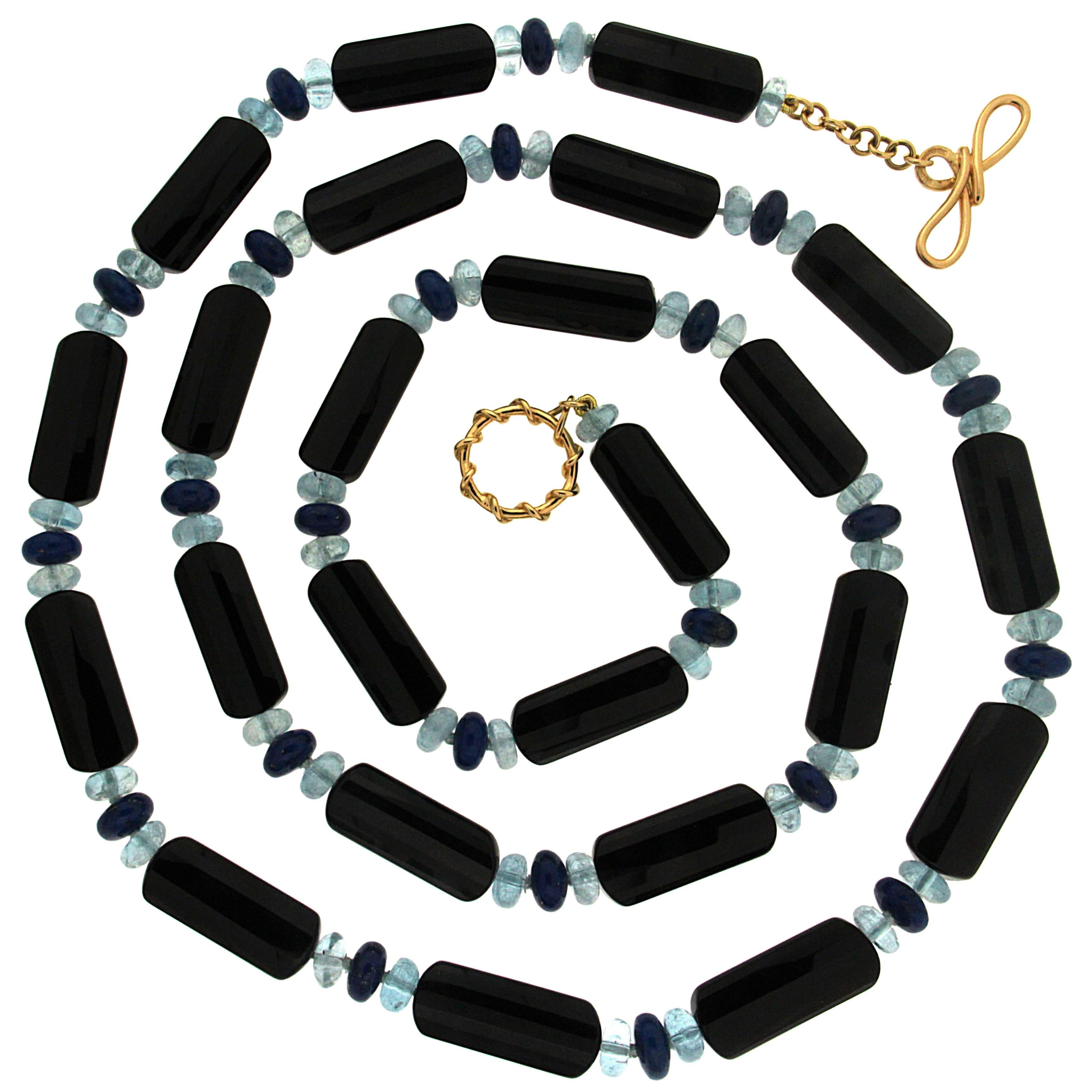 Onyx Tube and Aquamarine Lapis Roundels Necklace