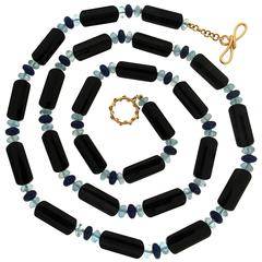 Onyx Tube and Aquamarine Lapis Roundels Necklace