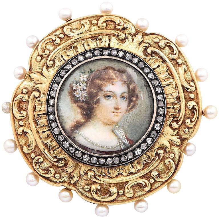 1800er Jahre 1800er Jahre Portrait-Anstecknadelkissen, Miniatur Perle Diamant Gold