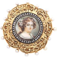 Coussin à épingles portrait miniature en or avec perles et diamants, années 1800