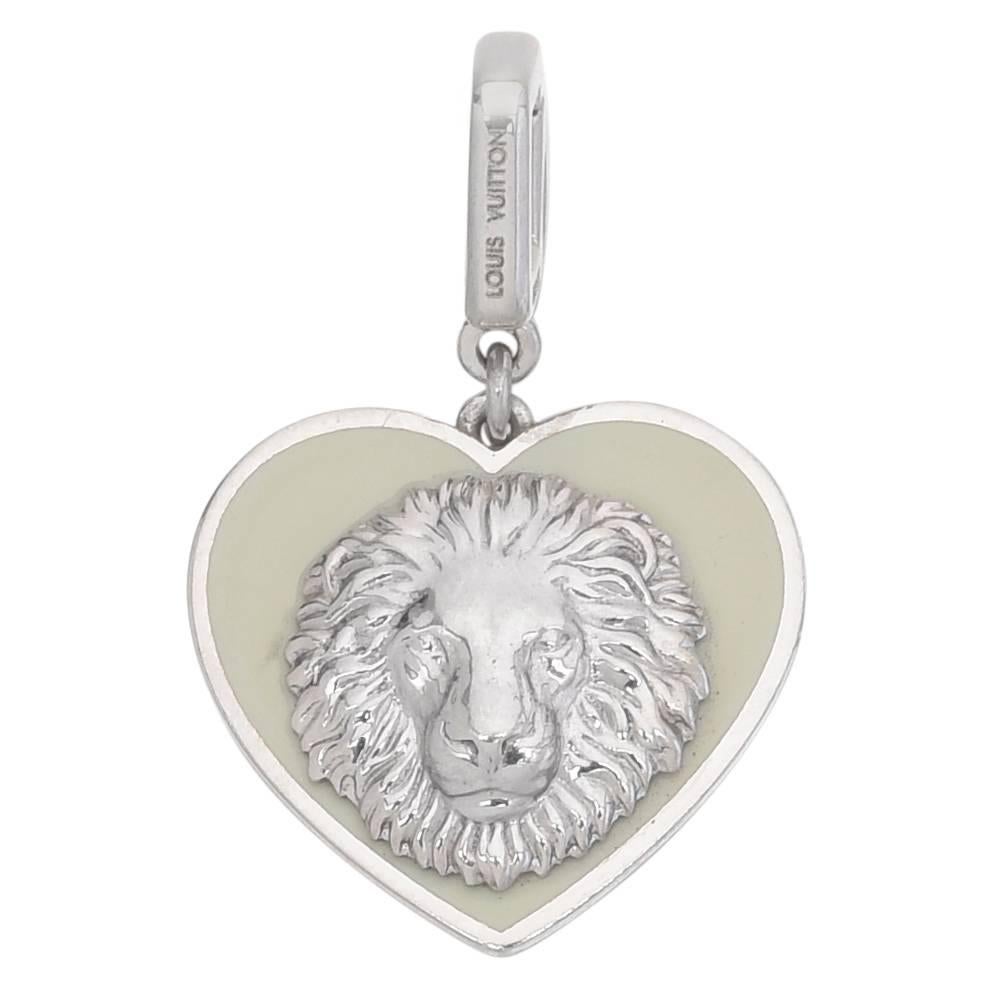 Louis Vuitton White Gold Enamel Heart-Shaped Lion Pendant For Sale