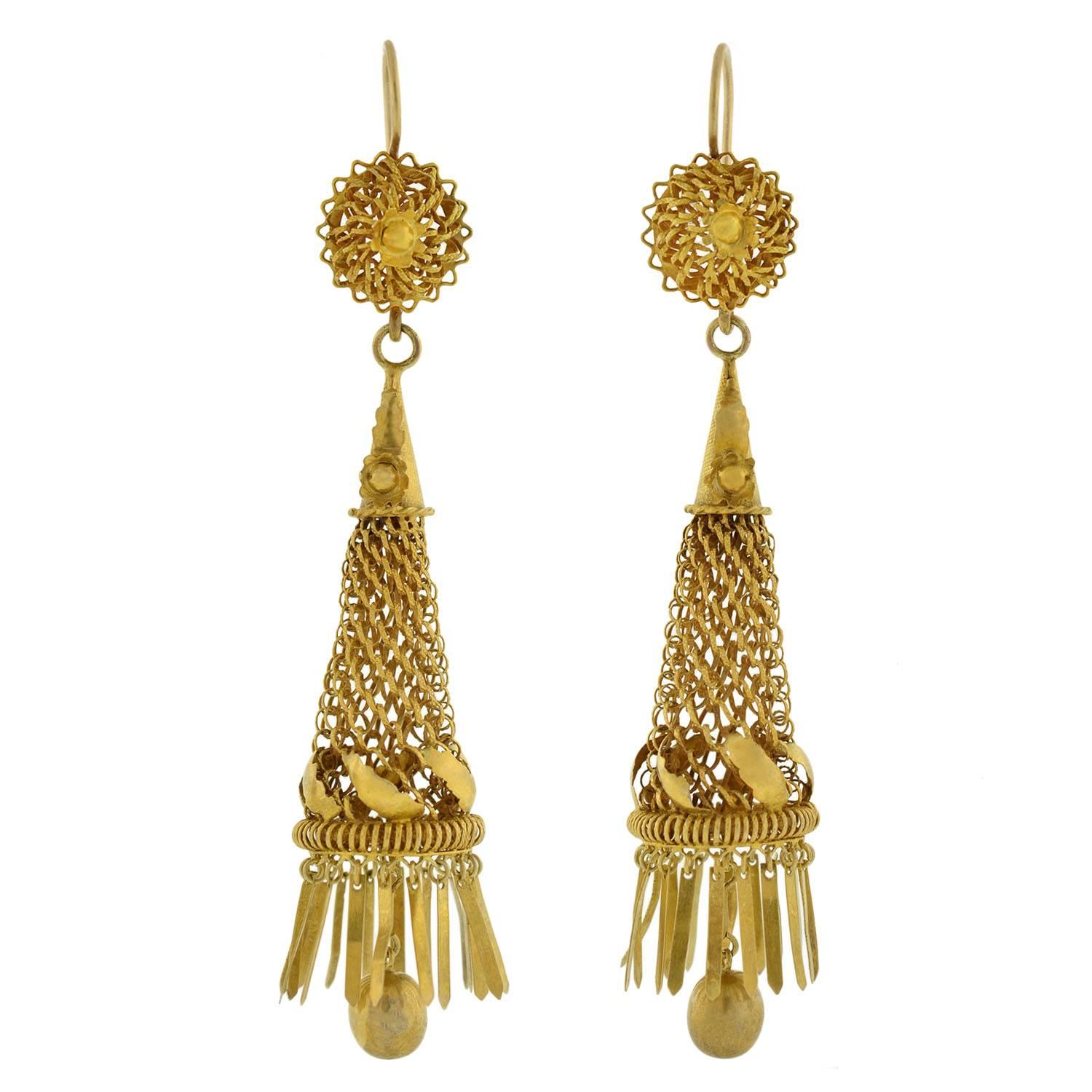 Victorian Dramatic Handmade Gold Caged Fringe Earrings
