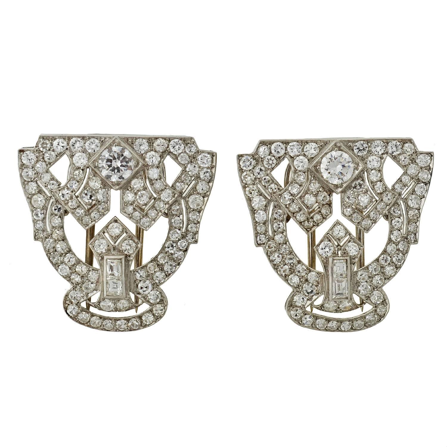 Art Deco Diamond Platinum Encrusted Pin Clips For Sale