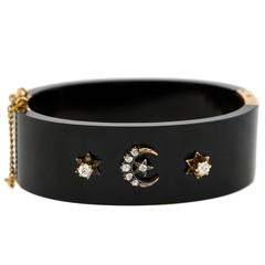 Victorian Onyx Diamond Gold Stars and Crescent Moon Bangle Bracelet