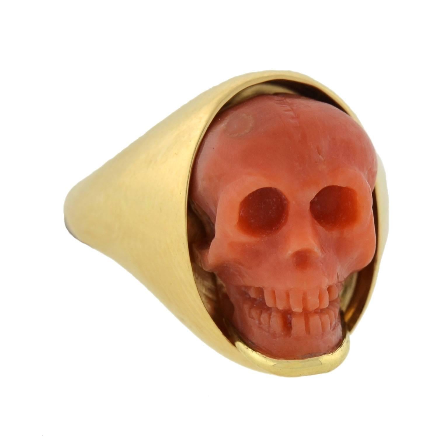 Victorian Style Hand Carved Natural Coral Skull Ring For Sale