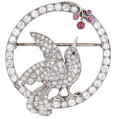 Art Nouveau Bird Picking Berries Motif Diamond Ruby Platinum Brooch 11