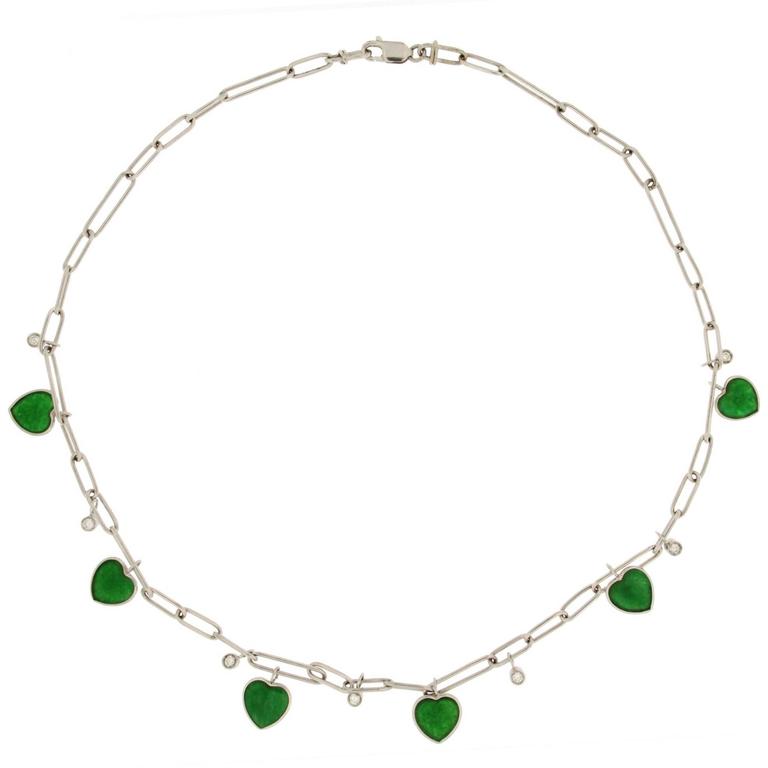 Jona Jade Heart Diamond White Gold Chain Necklace For Sale