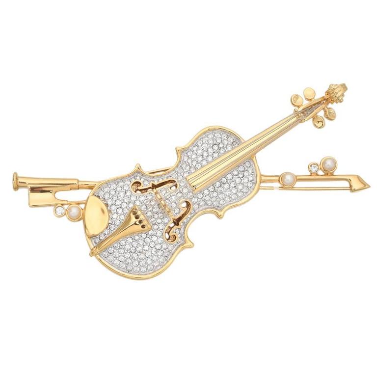 Large Swarovski Gold-Plated Crystal Violin Brooch For Sale
