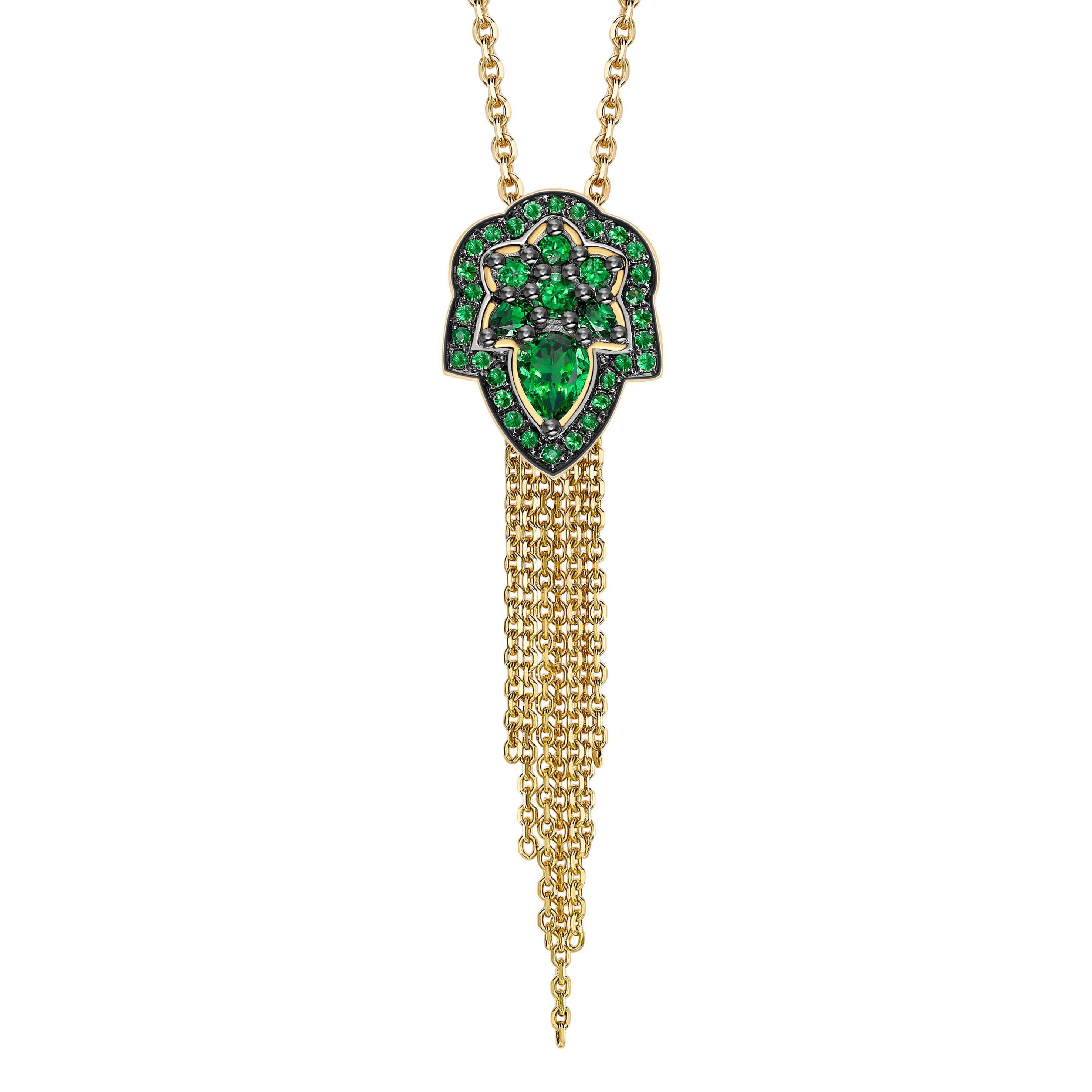 Ana De Costa Yellow Gold Green Pear Tsavorite Drop Tassel Chain Pendant For Sale