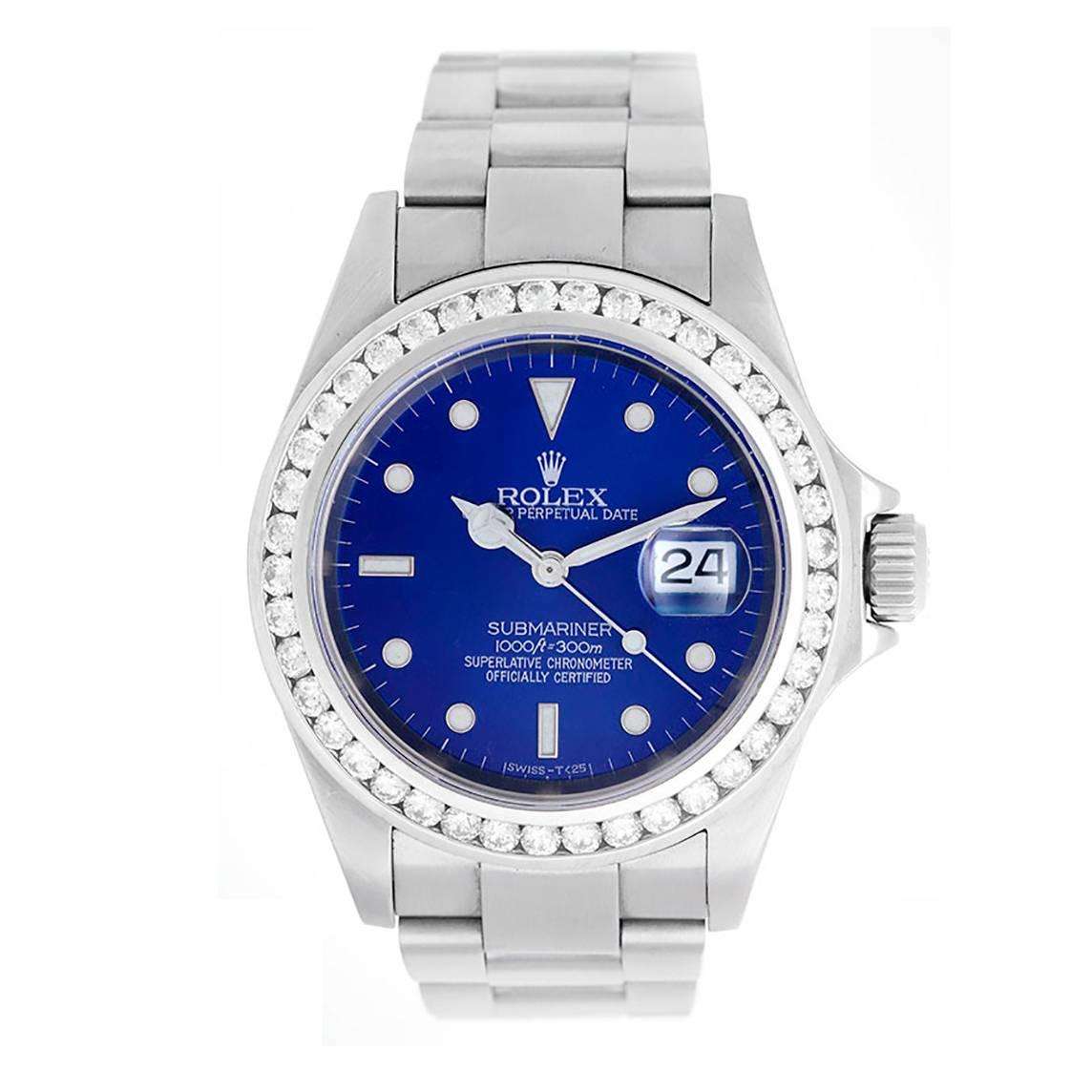 Rolex Stainless Steel Blue Dial Diamond Bezel Submariner Automatic Wristwatch 