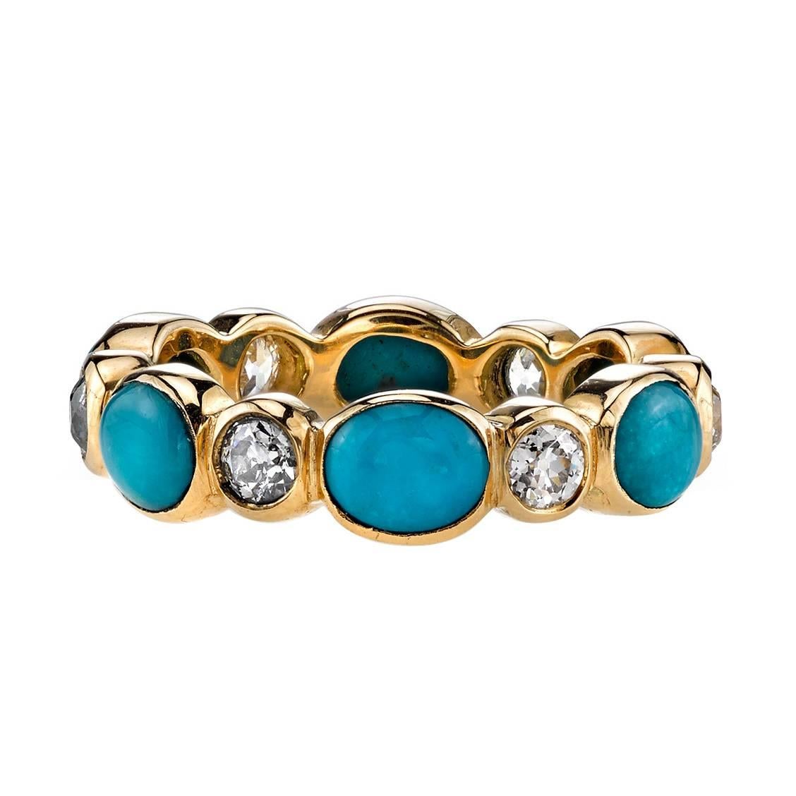 Turquoise Old European Cut Diamond Gold Eternity Band Ring