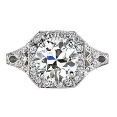 2.21 Carat Old European Cut Diamond Platinum Engagement Ring 