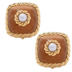 1980er Trianonholz- und Perlen-Ohrringe aus Gelbgold