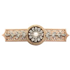 0.57Ct Diamond & Natural Pearl, 18k Rose Gold, Silver Set Brooch - Antique