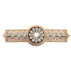 0.57Ct Diamond 
Natural Pearl, 18k Rose Gold, Silver Set Brooch - Antique