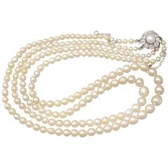 Antique Double Strand Pearl Necklace with 0.45Ct Diamond, 14k Yellow Gold Clasp 