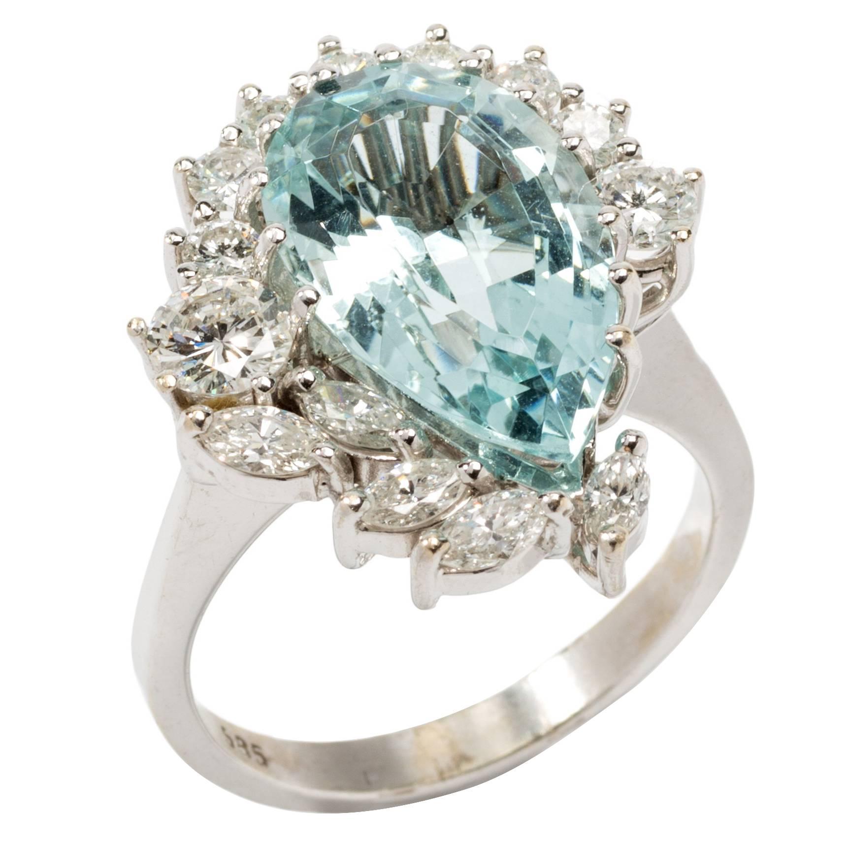 Tear Drop Aquamarine Ring with Diamonds