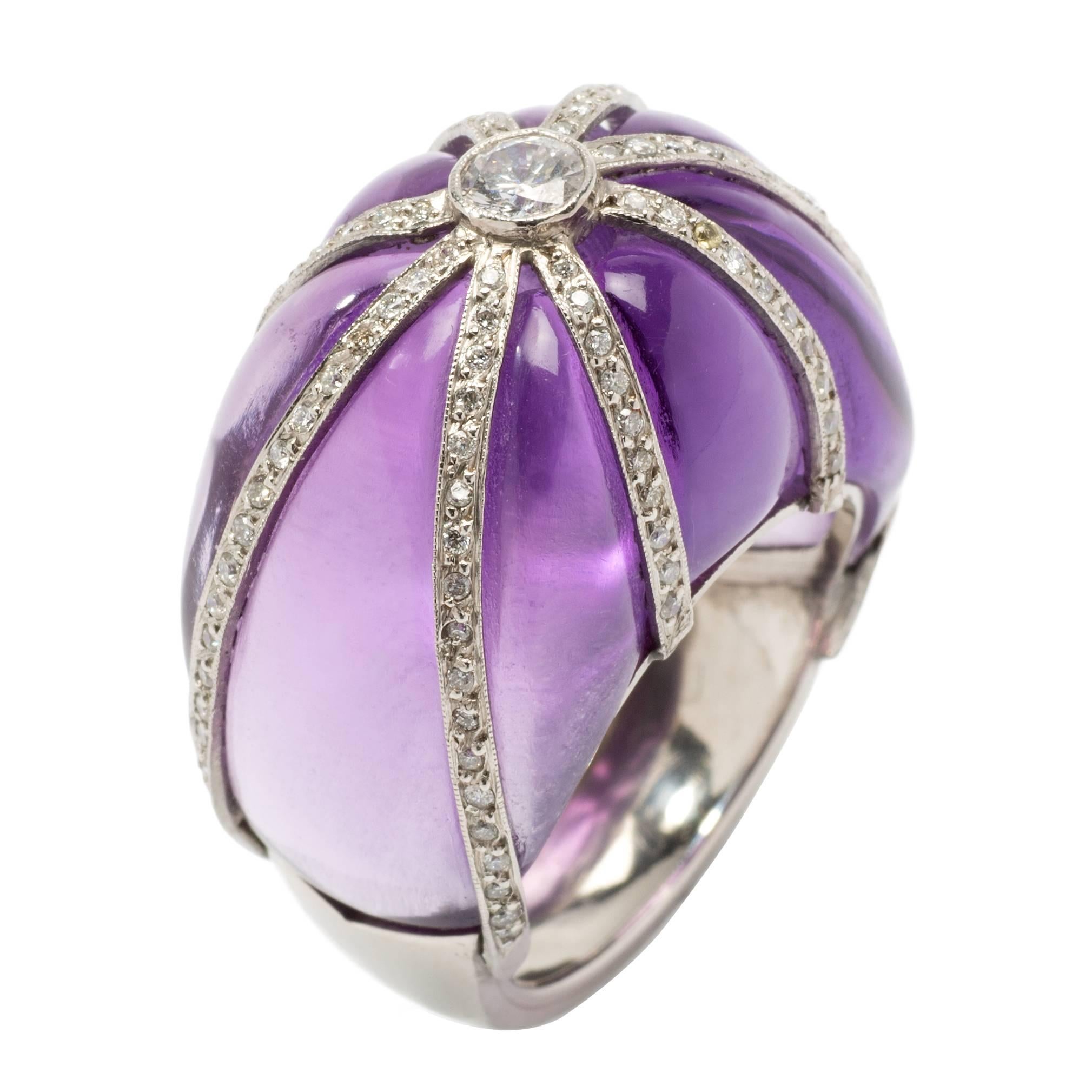 Amethyst Diamond Platinum Dome Ring For Sale