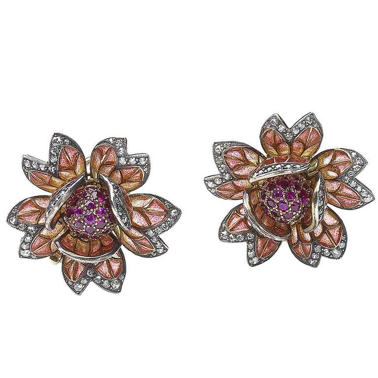 Enamel Ruby Diamond Silver Gold Flower Earrings For Sale
