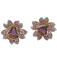 Enamel Ruby Diamond Silver Gold Flower Earrings 3