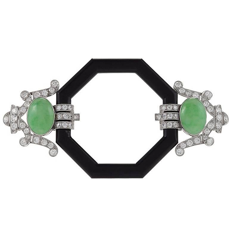 French Art Deco Jadeite Jade Onyx Diamond Platinum Brooch