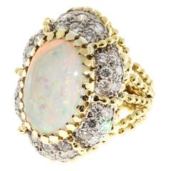 Domed Blue Green Red Opal Diamond Gold Ring