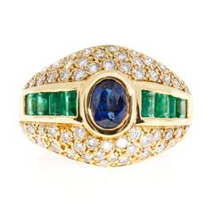 Oval Sapphire Emerald Pave Diamond Gold Ring