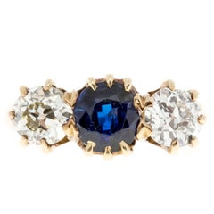 Antique Three Stone Blue Sapphire Old European Cut Diamond Gold Ring