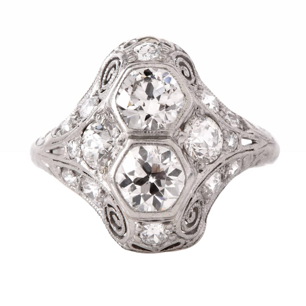 Antique Art Deco  Diamond Platinum Filigree  Engagement Ring