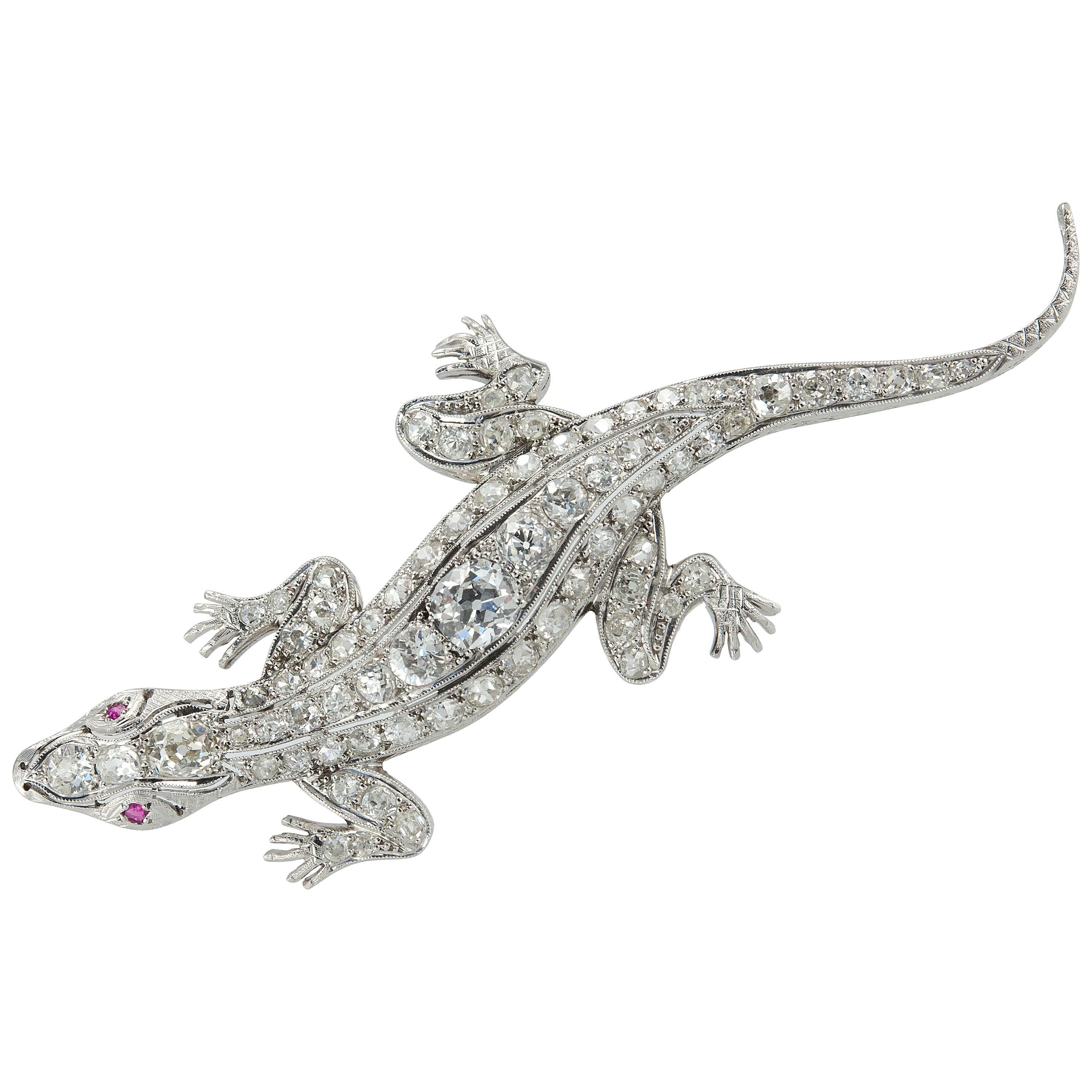 Edwardian Diamond Platinum Lizard Brooch For Sale