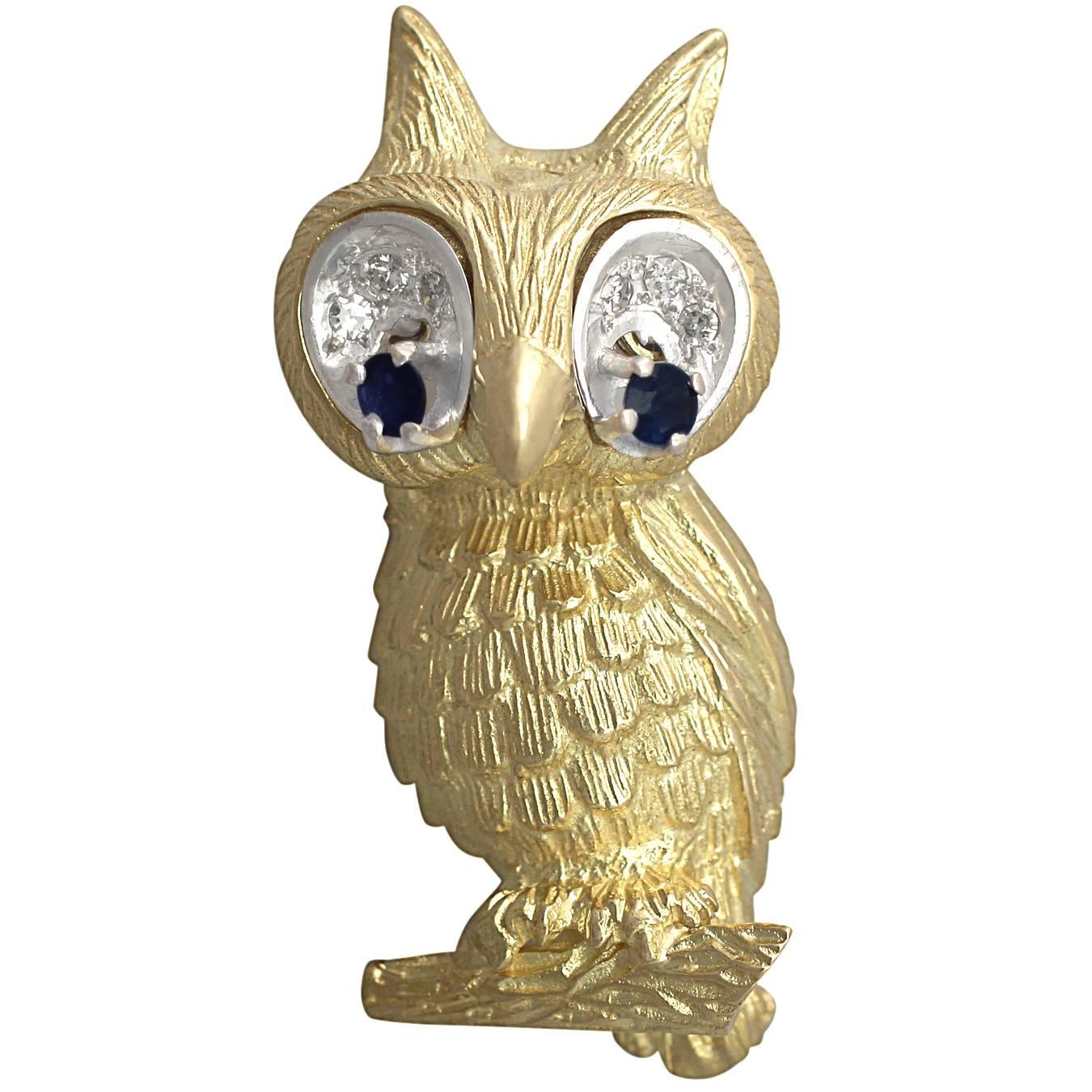  0.15Ct Sapphire & 0.18Ct Diamond, 18k Yellow Gold Owl Brooch - Vintage 1969