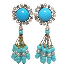 Pearl Turquoise Diamond Gold Tassel Ear Clip Pendant Earrings