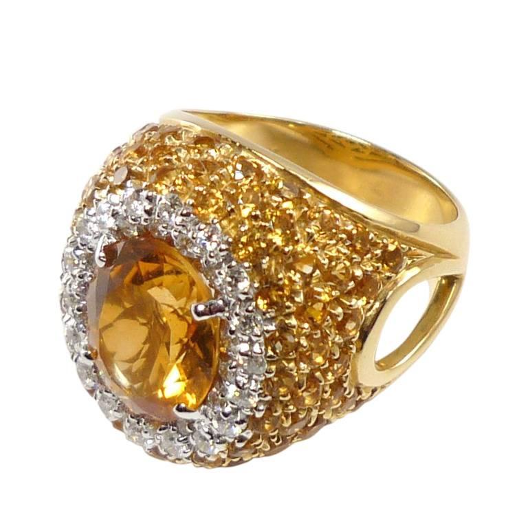 Antique-Cut Yellow Citrine and Yellow Pave Citrine Diamond Gold Ring