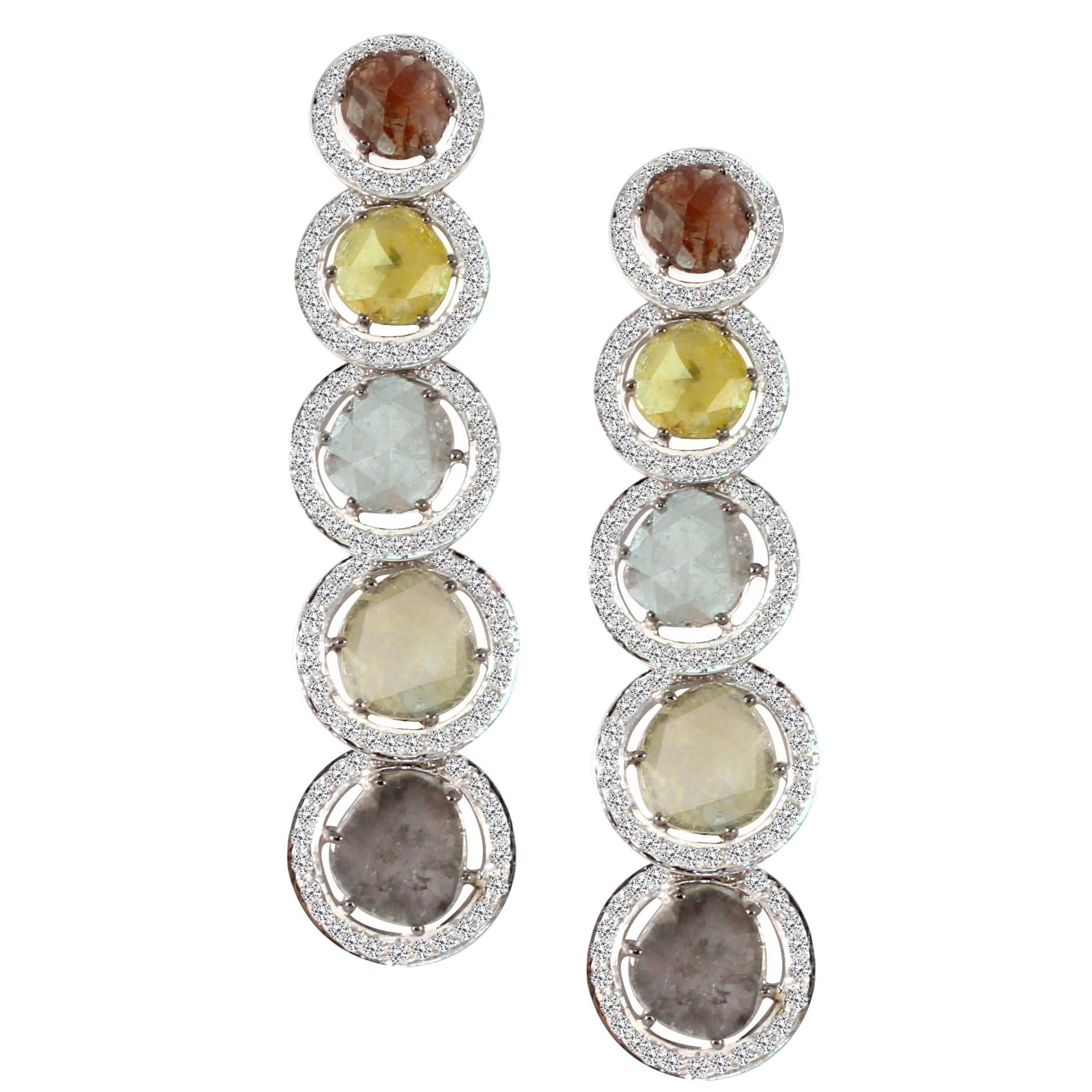 Multicolor Slice Diamond Gold Long Earrings For Sale