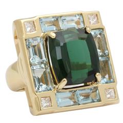 1960s Mayor's Green Tourmaline Aquamarine Diamond Gold Ring