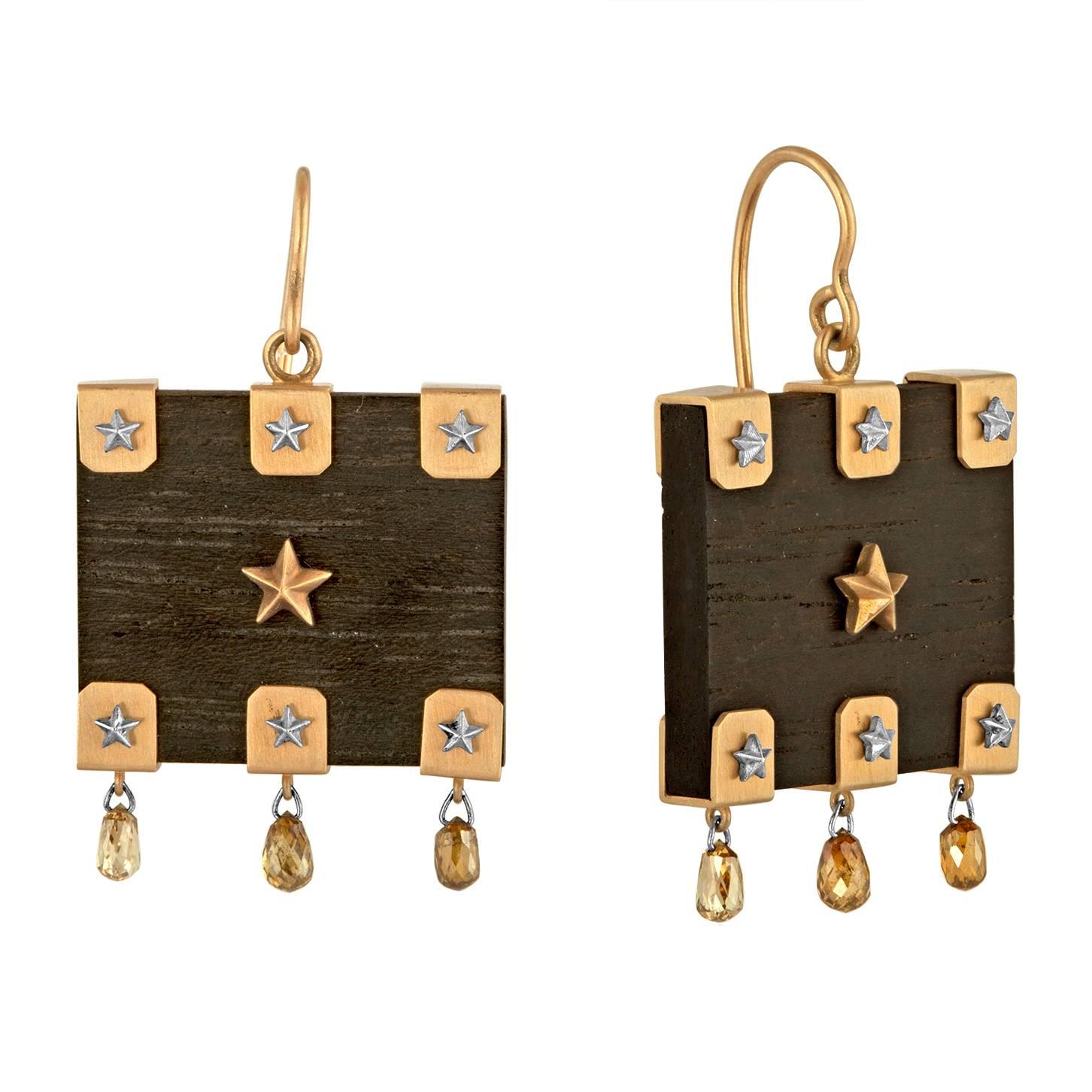 Ebony Wood Diamond Briolette Gold Earrings