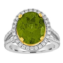 Oval Peridot 5.07 Carats Diamond Two Color Gold Halo Ring 9