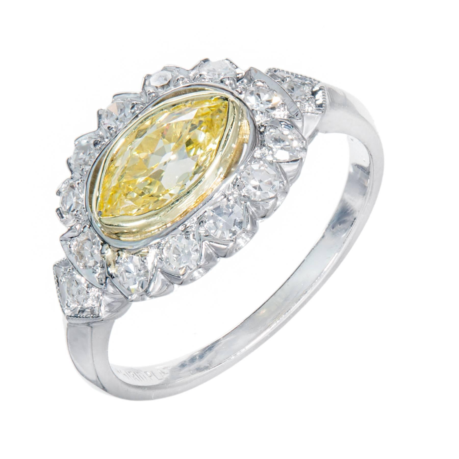 Bague de fiançailles en platine avec diamants blancs jaunes intenses de 0,65 carat