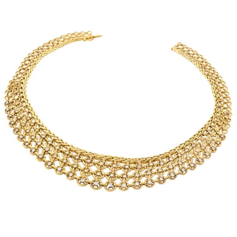 Sterlé Paris Mid-20th Century Diamond Gold Bib Necklace