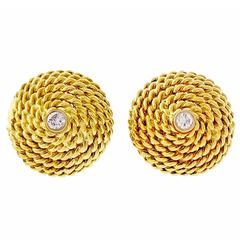 1960s Diamond Gold Domed Round Twisted Wire Earrings