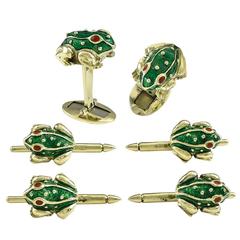 Enamel Gold Frog Cufflink and Stud Set