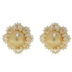 Golden South Sea Pearl Diamond Gold Omega Back Stud Earrings