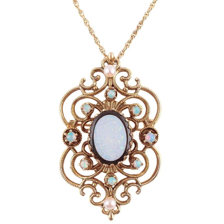Opal Pearl Gold Pin Pendant with Gold Chain For Sale at 1stdibs
