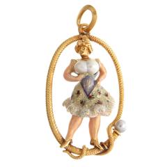 1915 Enamel Pearl Gold Risque Erotica Pendant